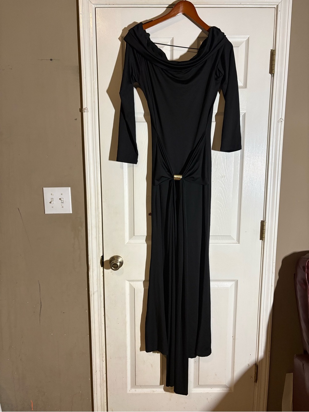 Black Long-Sleeve Draped Evening Gown with Waist Knot